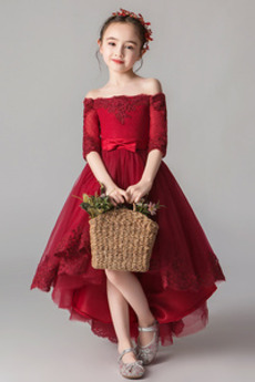 Tři čtvrtiny rukávy Asymetrické Elegantní Květinové dívky šaty