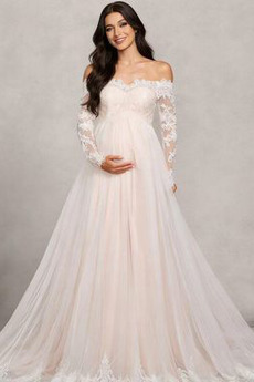 Dlouhý rukáv Dlouho Rosný rameno Jemná síťovina Svatební šaty