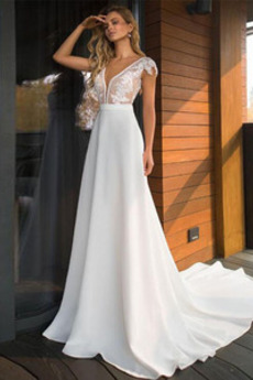 Prodej Bez rukávů Střední V-krk Krajka S hlubokým výstřihem Svatební šaty