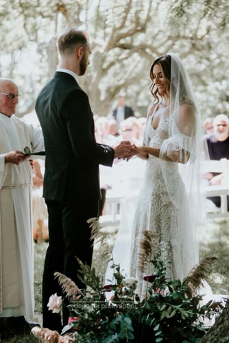 Krajka Špagety Romantický Přirozeného pasu Těsné Svatební šaty - Strana 7