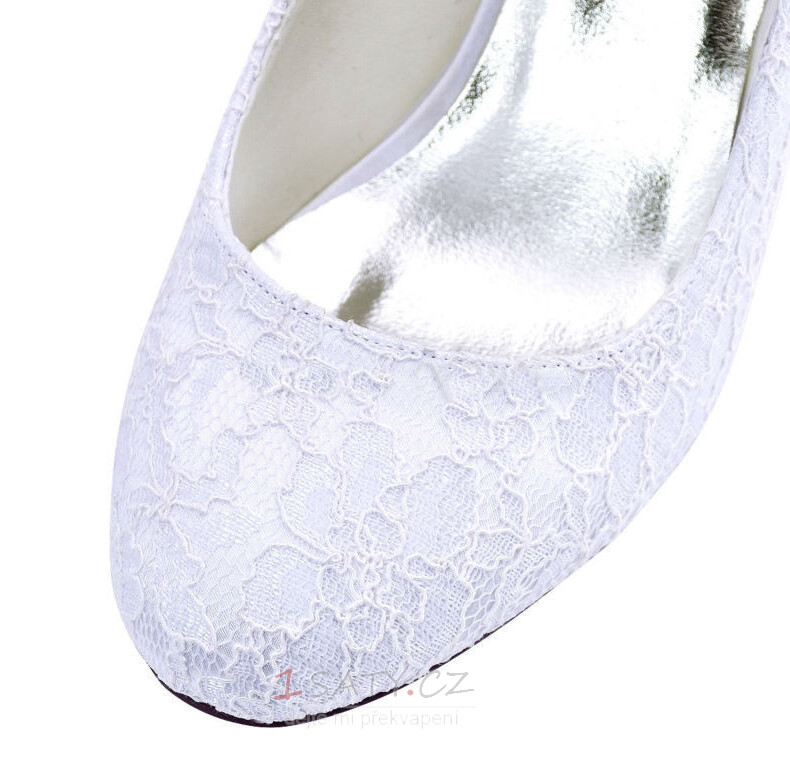 Bílé krajkové svatební boty na vysokém podpatku, kulaté špičky na vysokém podpatku, svatební boty pro družičku