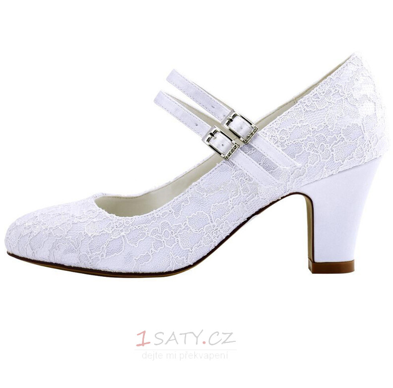 Bílé krajkové svatební boty na vysokém podpatku, kulaté špičky na vysokém podpatku, svatební boty pro družičku