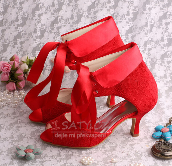 Červené dámské boty módní svatební jehlové jehlové krajkové svatební boty