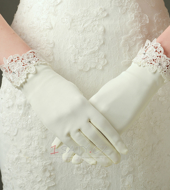 Ivory Vhodné Satin Lace krátké svatební rukavice