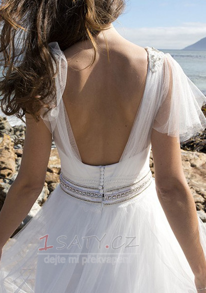 Krátké rukávy Perly Léto Iluze Romantický V-krk Svatební šaty