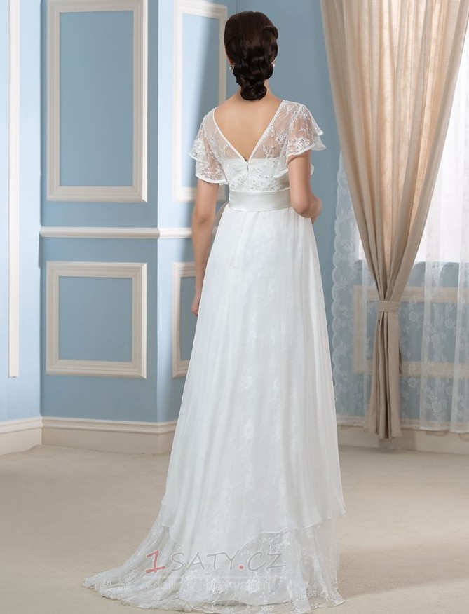 Krátký rukáv Plisovaný Šik Vysoký pasu V-krk Asymetrické Svatební šaty