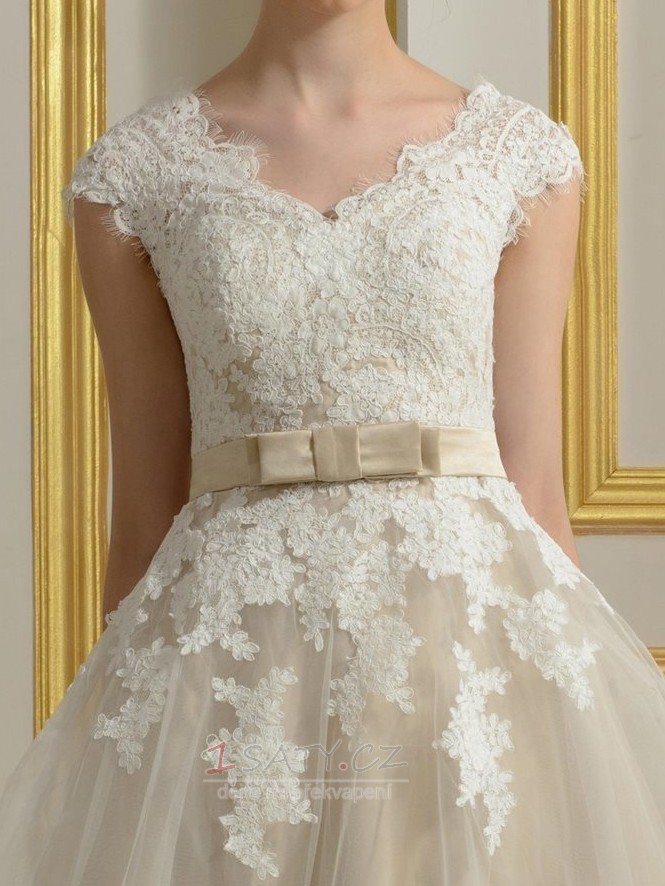 Krátký rukáv Přirozeného pasu Elegantní Tyl Nášivky Svatební šaty