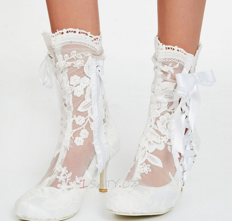 Módní dámské boty s dutými vysokými podpatky, bílé krajkové dámské boty, svatební dámské boty