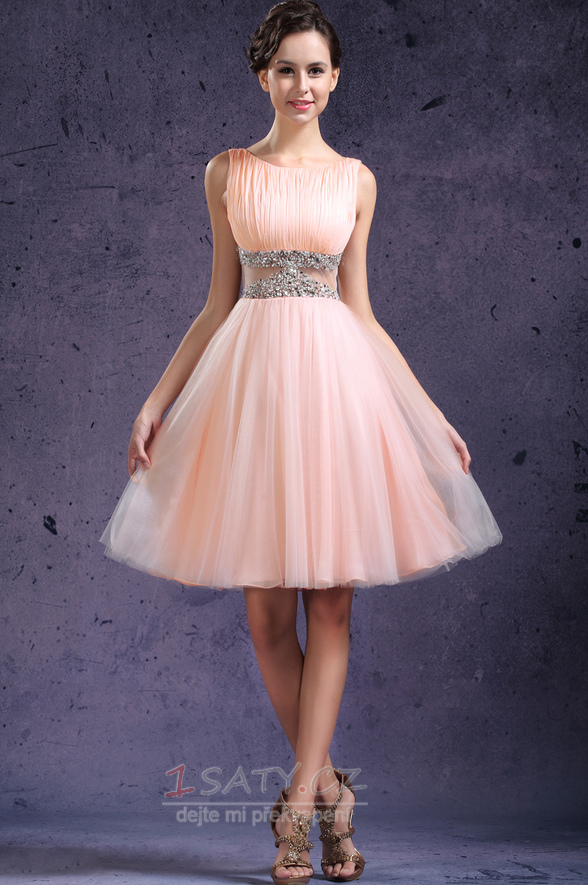 Pearl Pink Romantický A-Čára Bateau Kolena délka Promové šaty