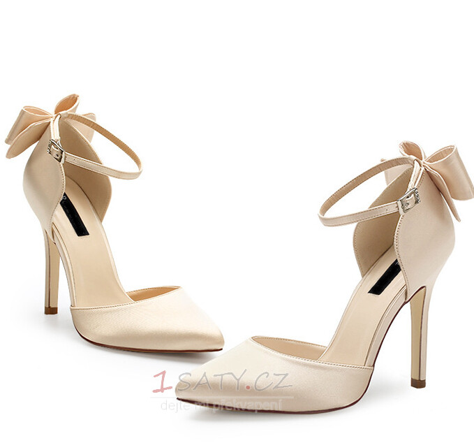 Saténové jehlové svatební boty na vysokém podpatku s mašličkovým uzlem