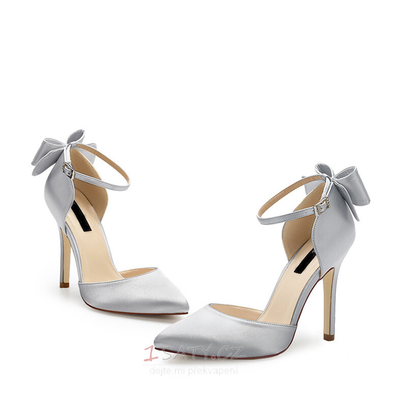 Saténové jehlové svatební boty na vysokém podpatku s mašličkovým uzlem