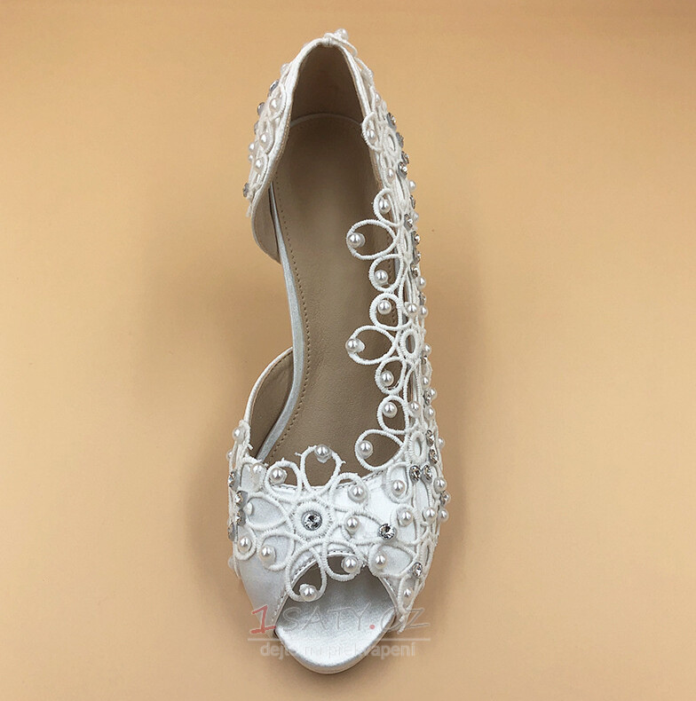 Saténové krajkové svatební boty s drahokamovými jehlovými svatebními botami ručně vyráběné svatební boty