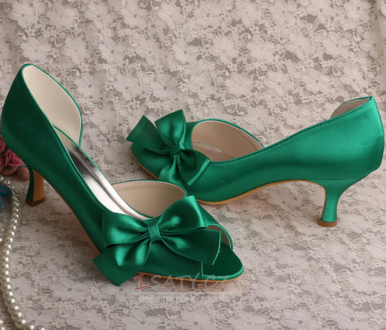 Saténový motýl svatební boty boční duté jehlové vysoké podpatky zelené družičky boty