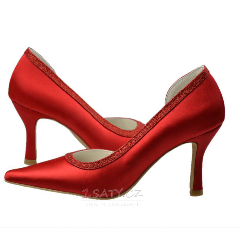 Špičaté červené jehlové svatební vysoké podpatky se saténovými banketovými společenskými botami