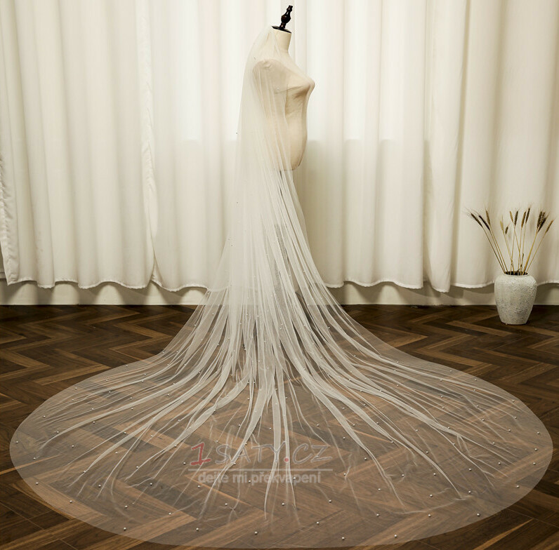 Svatební perlový závoj velký vlečný svatební závoj s hřebínkem do vlasů hladká příze o délce 3 metry