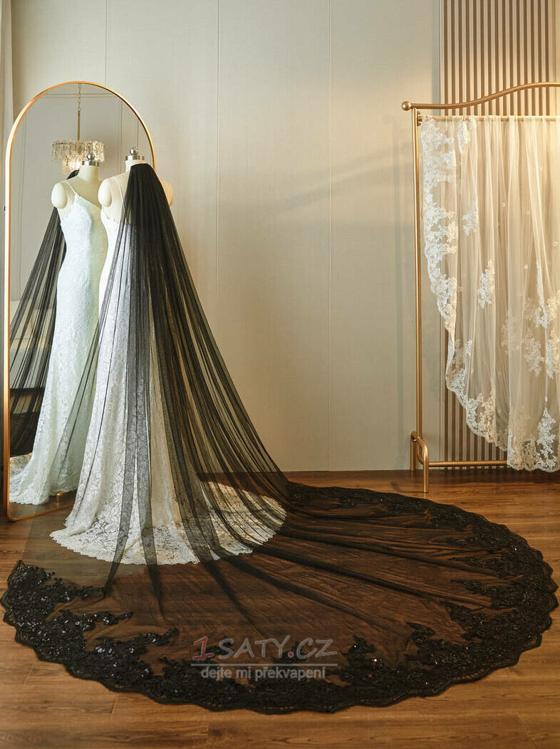 Svatební svatební černý závoj krajkový flitrový závoj 3 metry dlouhý svatební závoj