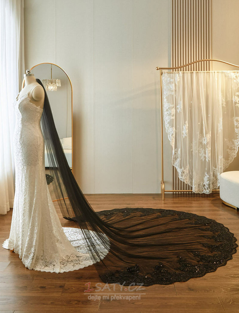 Svatební svatební černý závoj krajkový flitrový závoj 3 metry dlouhý svatební závoj