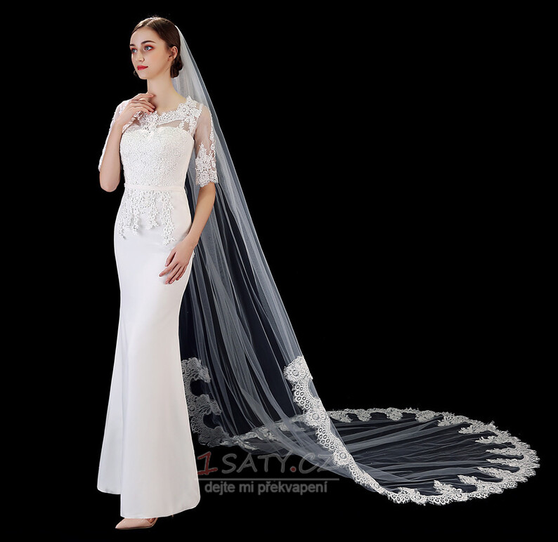 Svítící čistě bílý svatební závoj, špičková krajková nášivka, 3 metry dlouhý závoj, svatební doplňky