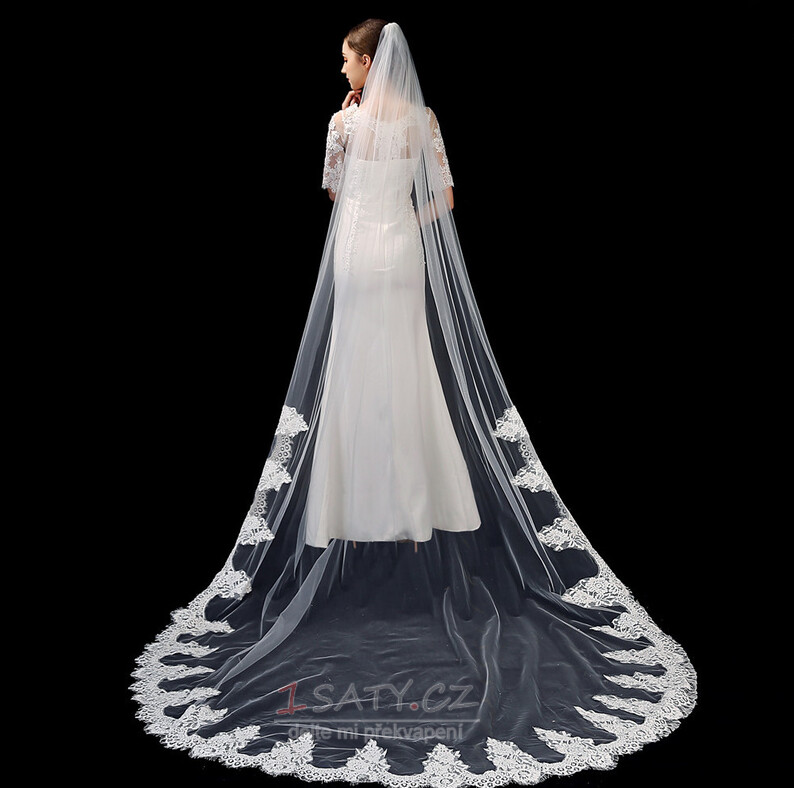 Svítící čistě bílý svatební závoj, špičková krajková nášivka, 3 metry dlouhý závoj, svatební doplňky