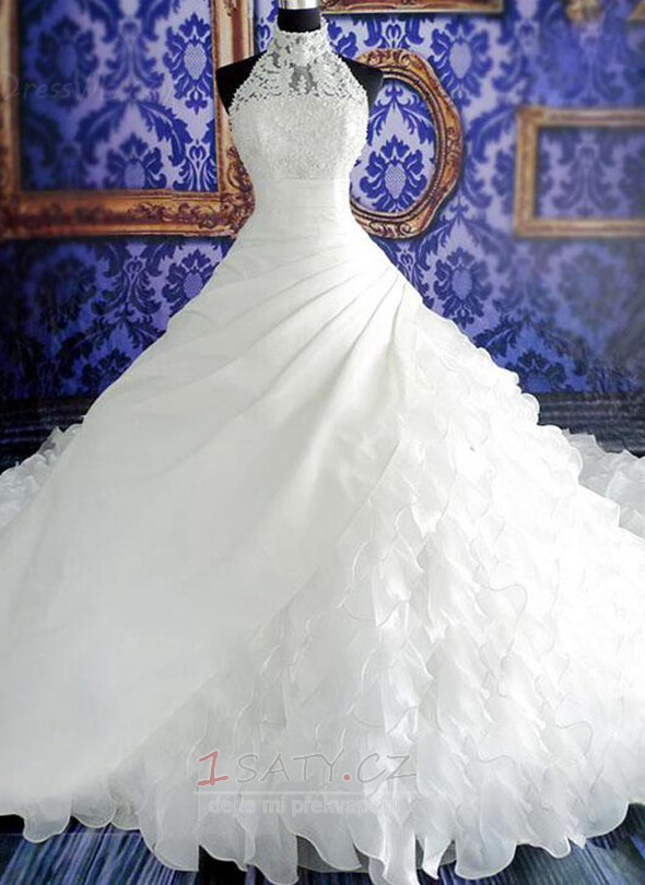 Vysoká krk Bez rukávů Luxusním Krystal Krajka Přírodní pas Svatební šaty